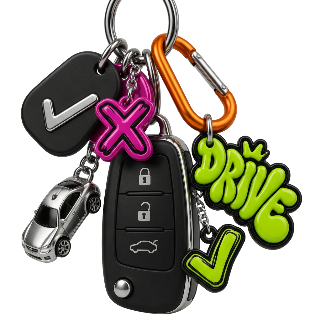 Car key on a ring with a magenta cross charm and a lime check charm
